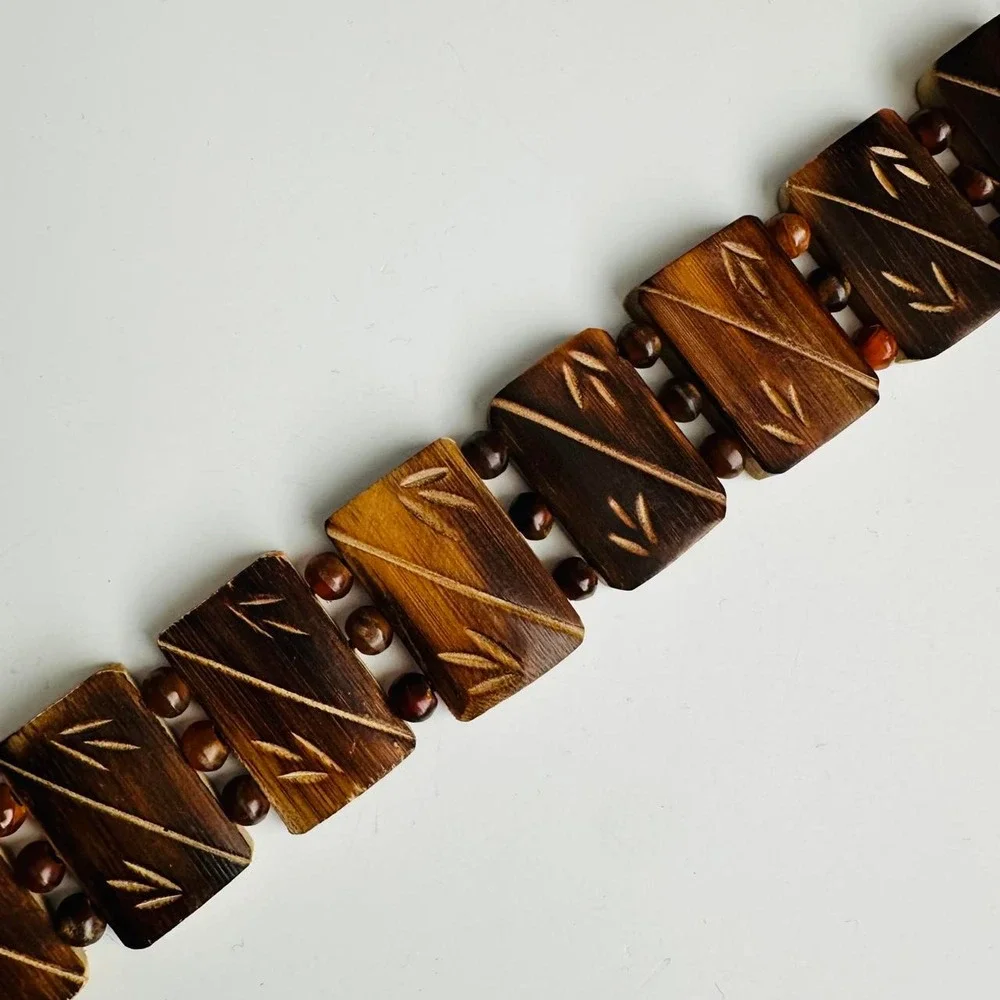 Vintage Wooden Bead Belt Dark Brown Etched Boho Festival Western